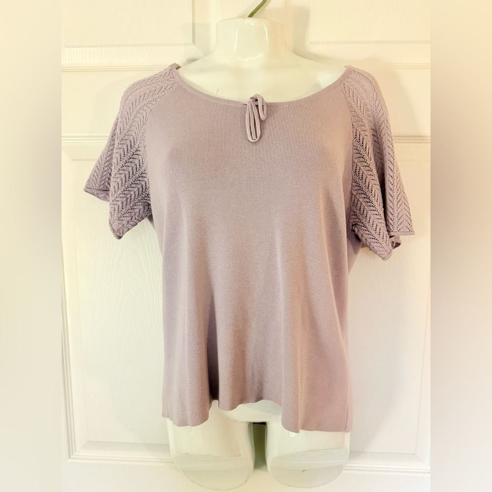Vintage Preview Collection Knit Top Lilac Lace Sleeve Tie Neck Size XL